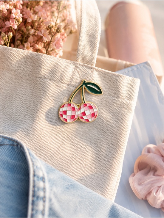 Anthropologie Jewelry - Pink Checkered Cherry Enamel Brooch Pin